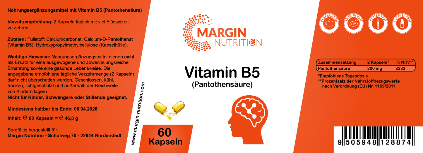Vitamin B5 (Pantothensäure) / Hochdosiert 200 mg pro Tagesdosis (30, 60, 2x60, 3x60 Vegane Kapseln)