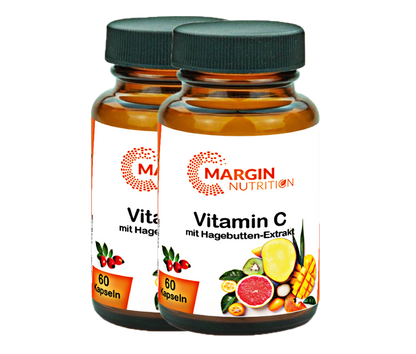 Vitamin C mit Hagebutten-Extrakt / Mit 400 mg Vitamin C und 100 mg Hagebutten-Extrakt pro Tagesdosis (30, 60, 2x60, 3x60 Vegane Kapseln)
