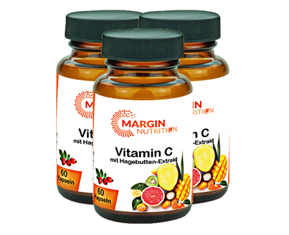 Vitamin C mit Hagebutten-Extrakt / Mit 400 mg Vitamin C und 100 mg Hagebutten-Extrakt pro Tagesdosis (30, 60, 2x60, 3x60 Vegane Kapseln)