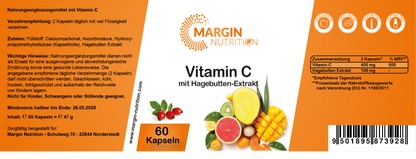 Vitamin C mit Hagebutten-Extrakt / Mit 400 mg Vitamin C und 100 mg Hagebutten-Extrakt pro Tagesdosis (30, 60, 2x60, 3x60 Vegane Kapseln)
