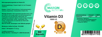 Vitamin D3 / 1000 I.E. pro Tagesdosis (30, 60, 2x60, 3x60 Vegane Kapseln)