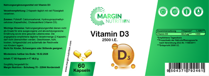 Vitamin D3 / 2.500 I.E. pro Tagesdosis (30, 60, 2x60, 3x60 Vegane Kapseln)