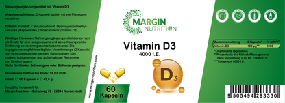 Vitamin D3 / Hochdosiert 4.000 I.E. pro Tagesdosis (30, 60, 2x60, 3x60 Vegane Kapseln)