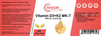Vitamin D3+K2 MK-7 / 1.000 I.E. Vitamin D3 und 25 µg Vitamin K2 MK-7 pro Tagesdosis (30, 60, 2x60, 3x60 Vegane Kapseln)