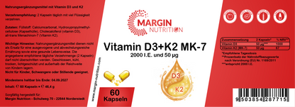 Vitamin D3+K2 MK-7 / 2.000 I.E. Vitamin D3 und 50 µg Vitamin K2 MK-7 pro Tagesdosis (30, 60, 2x60, 3x60 Vegane Kapseln)