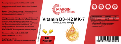 Vitamin D3+K2 MK-7 / Hochdosiert 4.000 I.E. Vitamin D3 und 100 µg Vitamin K2 MK-7 pro Tagesdosis (30, 60, 2x60, 3x60 Vegane Kapseln)