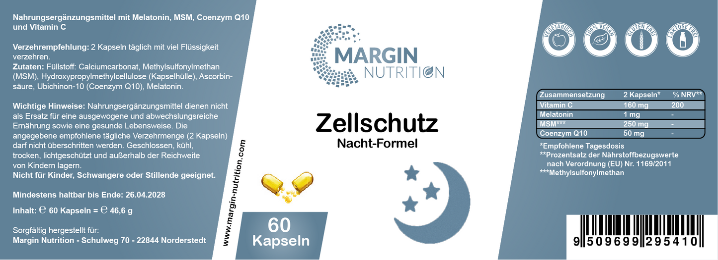 Zellschutz Nacht-Formel – Mit Melatonin, MSM, Coenzym Q10 und Vitamin C | 30, 60, 2×60, 3×60 vegane Kapseln